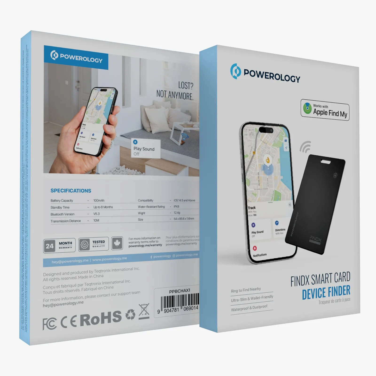 Powerology FindX IPX8 Smart Card Rechargeable Wireless Charging 100mAh - Black