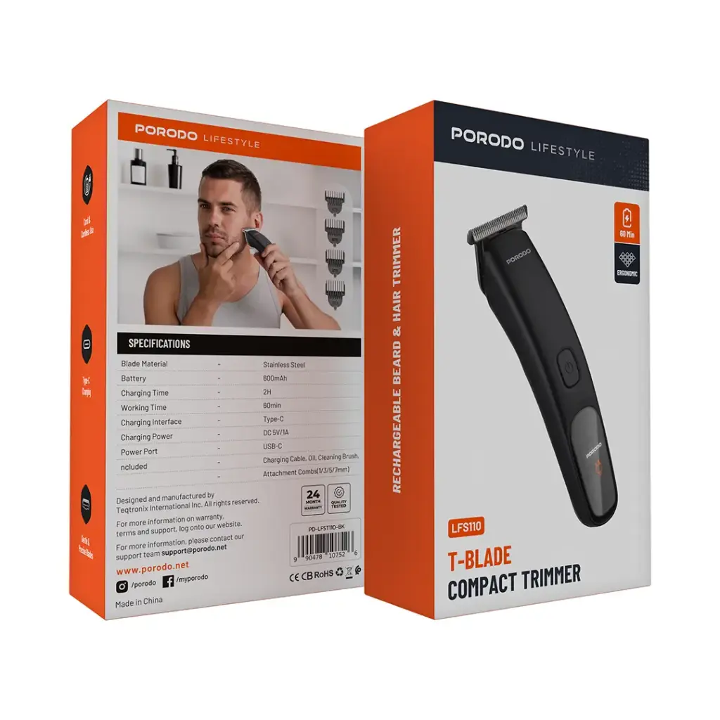 Porodo T-Blade Hair Trimmer 600mAh - Black