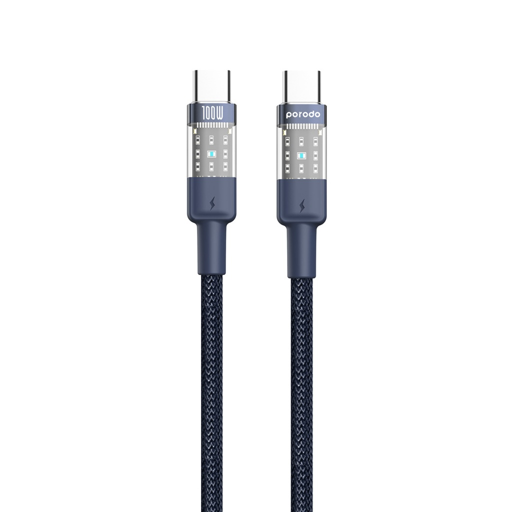 Porodo Braided 30W PD C to L Fast Charging Cable with Transparent Head 1.2M - Blac