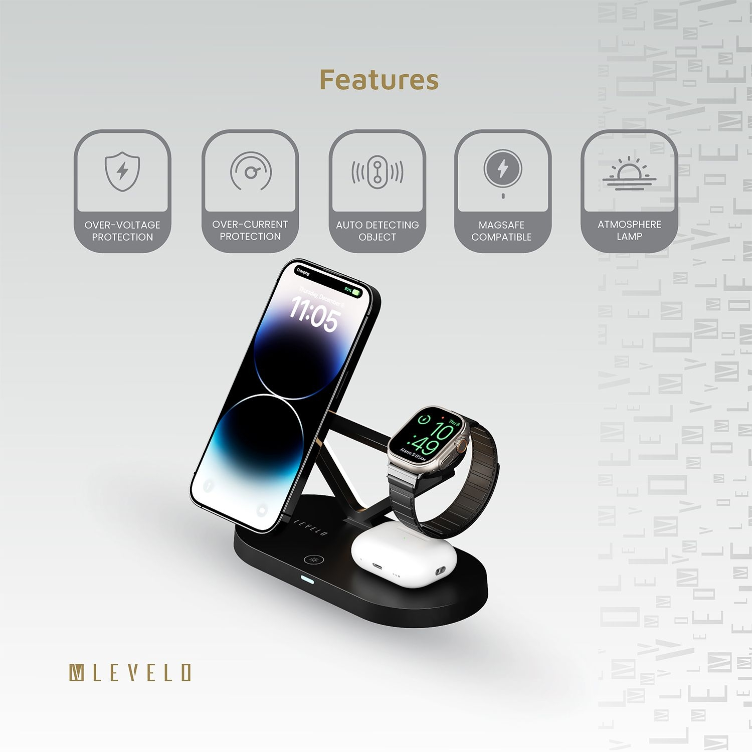 Levelo Premio 5 in 1 Magsafe Wireless Charging Station 15W - Black