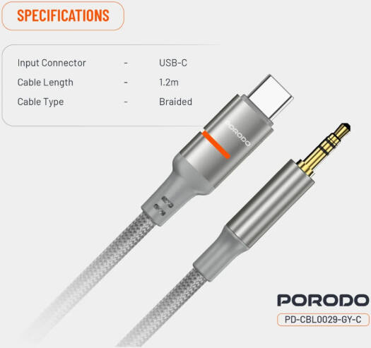 Porodo USB2.0 Type-C to 3.5mm Braided Audio Cable 1.2M