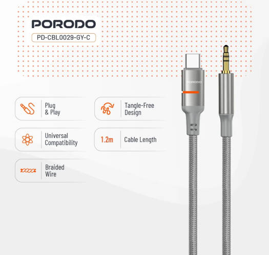 Porodo USB2.0 Type-C to 3.5mm Braided Audio Cable 1.2M