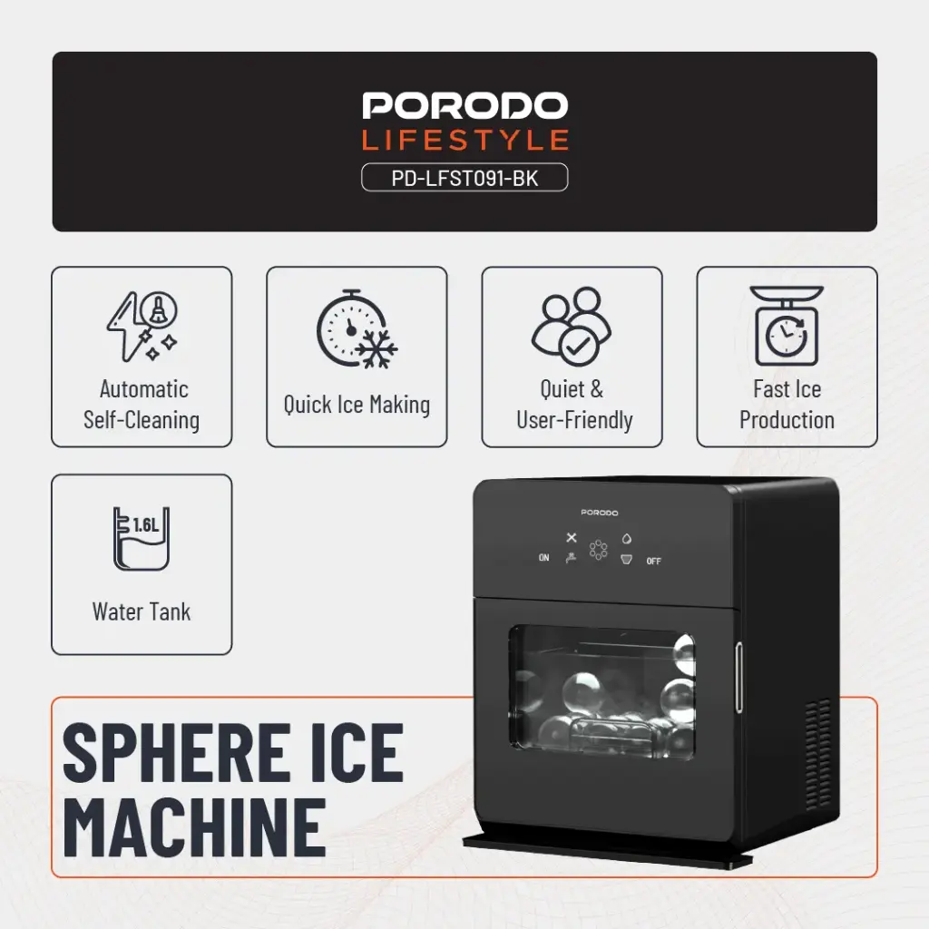 Porodo Lifestyle SPHERE-SHAPED 260W Dual Sphere Ice Maker 1.6L with LCD Touch Display - Black