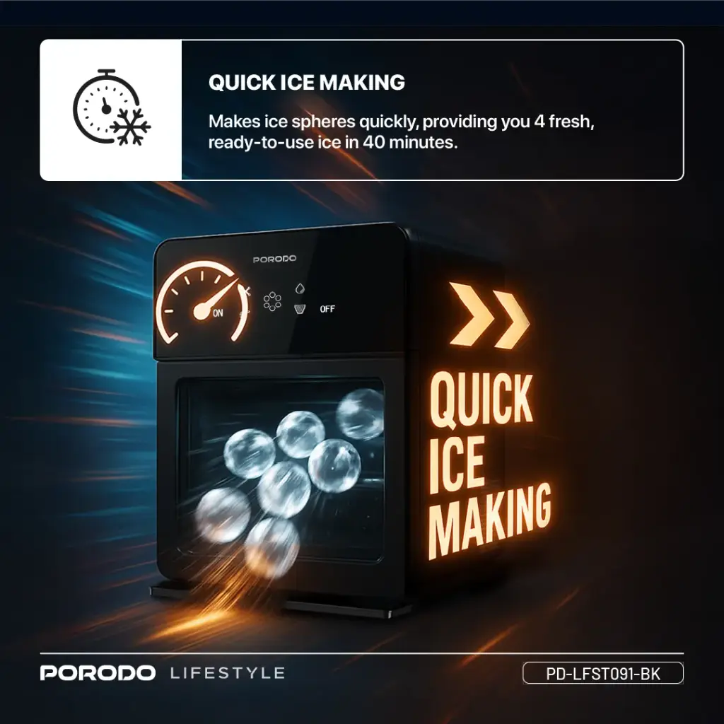 Porodo Lifestyle SPHERE-SHAPED 260W Dual Sphere Ice Maker 1.6L with LCD Touch Display - Black