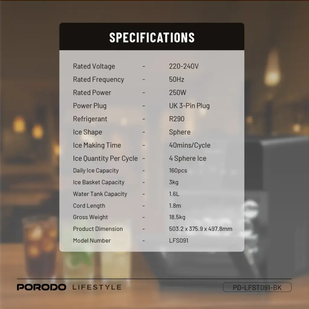 Porodo Lifestyle SPHERE-SHAPED 260W Dual Sphere Ice Maker 1.6L with LCD Touch Display - Black