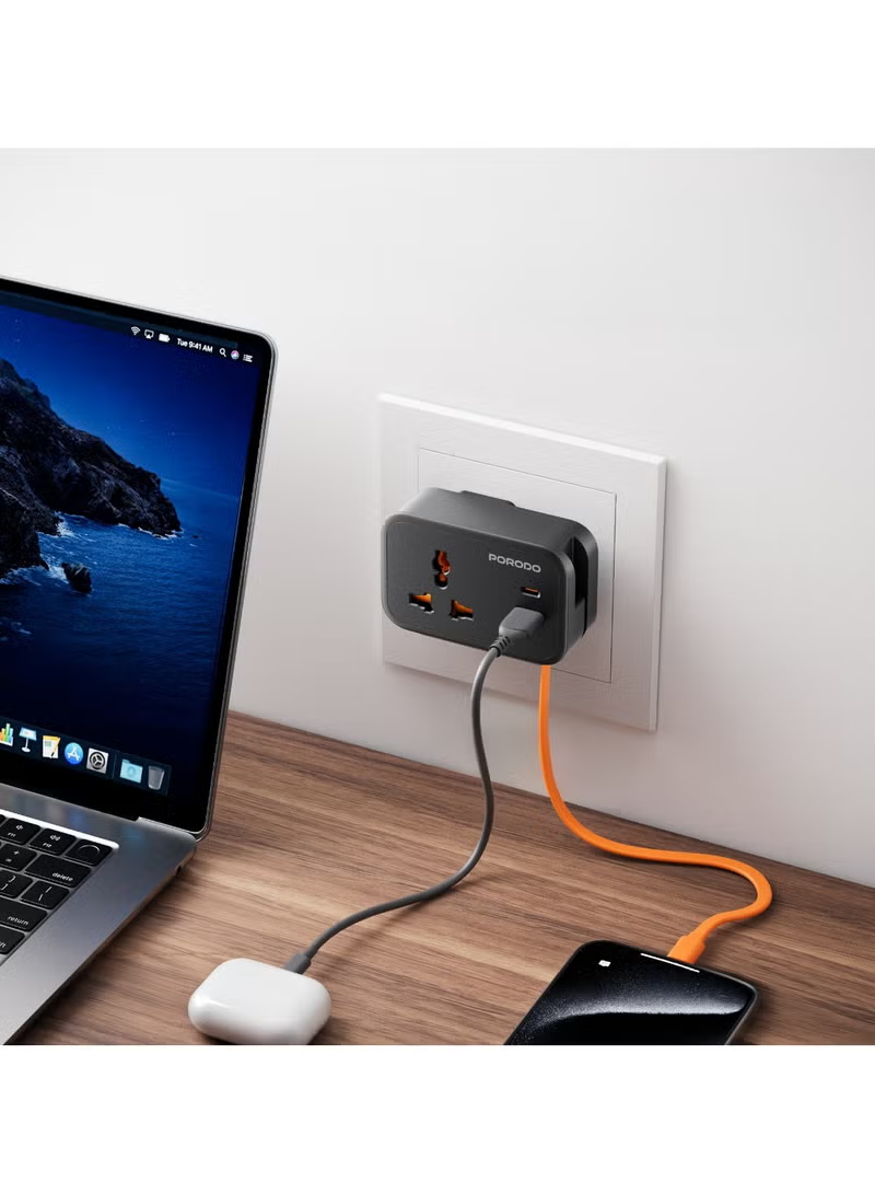 Porodo 20W Universal Wall Socket UK Plug 1 AC*1 USB-A*1 USB-C with 30cm USB-C Cable