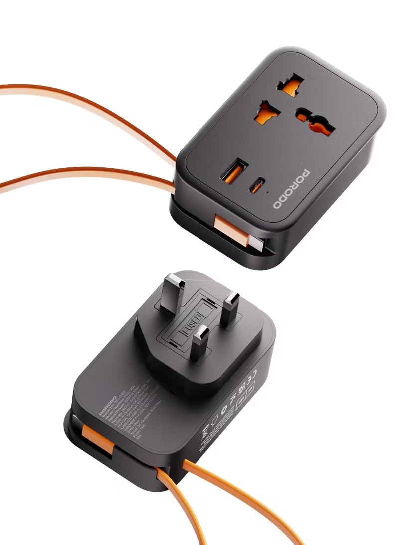Porodo 20W Universal Wall Socket UK Plug 1 AC*1 USB-A*1 USB-C with 30cm USB-C Cable