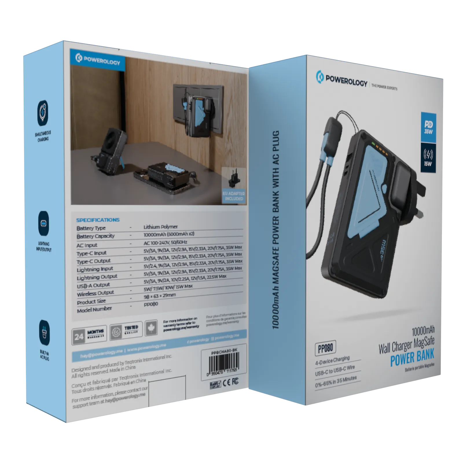 Powerology 10000mAh MagSafe Wireless Power Bank with Type-C & Lightning Cable Adapter