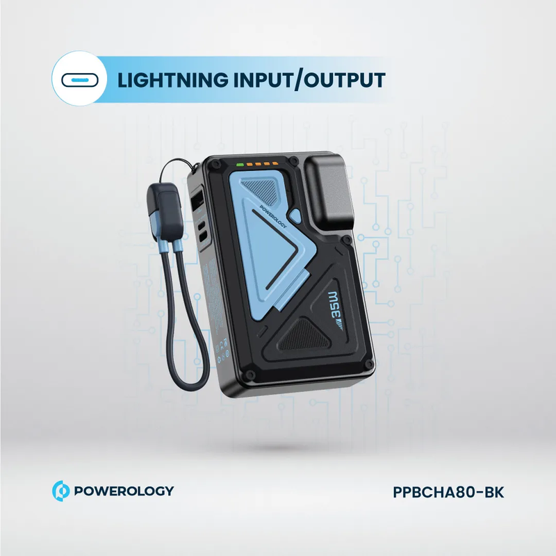 Powerology 10000mAh MagSafe Wireless Power Bank with Type-C & Lightning Cable Adapter