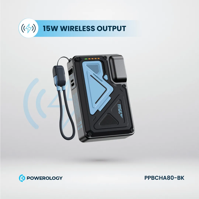 Powerology 10000mAh MagSafe Wireless Power Bank with Type-C & Lightning Cable Adapter