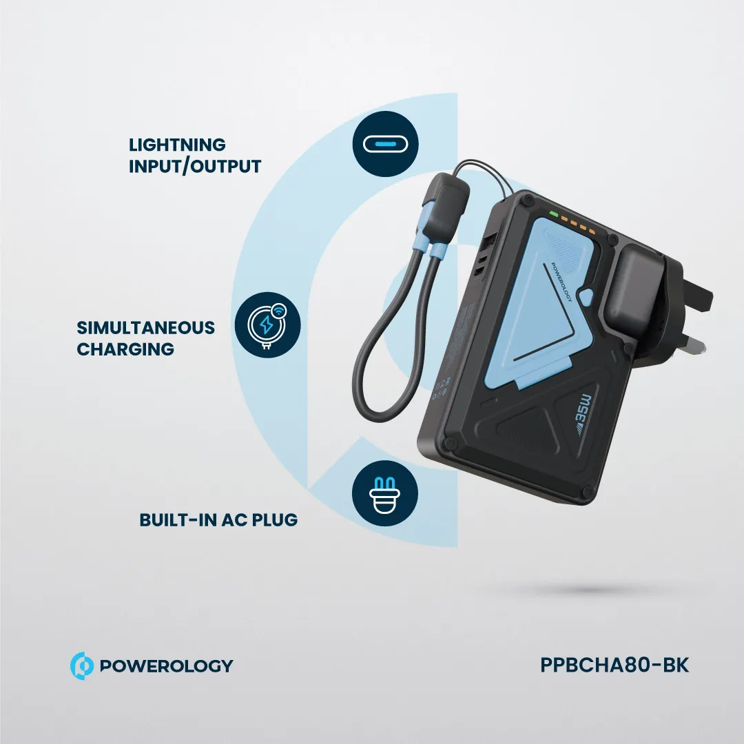 Powerology 10000mAh MagSafe Wireless Power Bank with Type-C & Lightning Cable Adapter