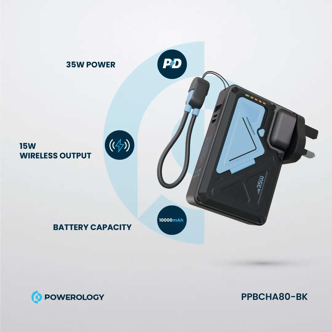 Powerology 10000mAh MagSafe Wireless Power Bank with Type-C & Lightning Cable Adapter