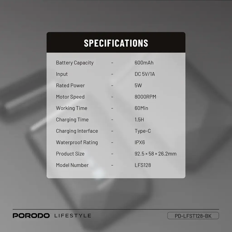 Porodo Lifestyle Dual-Blade IPX7 Portable Travel Shaver 600mAh - Black