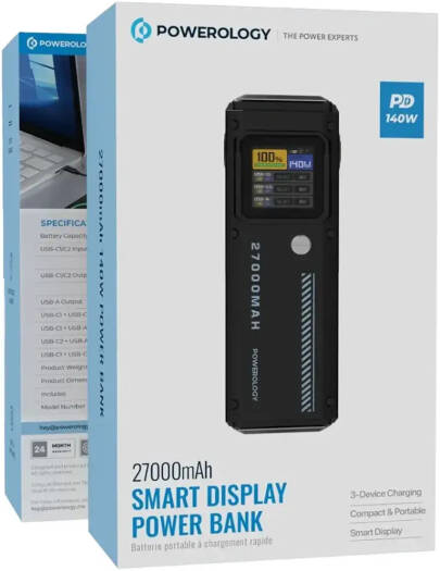 Powerology 140W Dual Channel Smart Battery Display Power Bank with Colorful LED 27000mAh