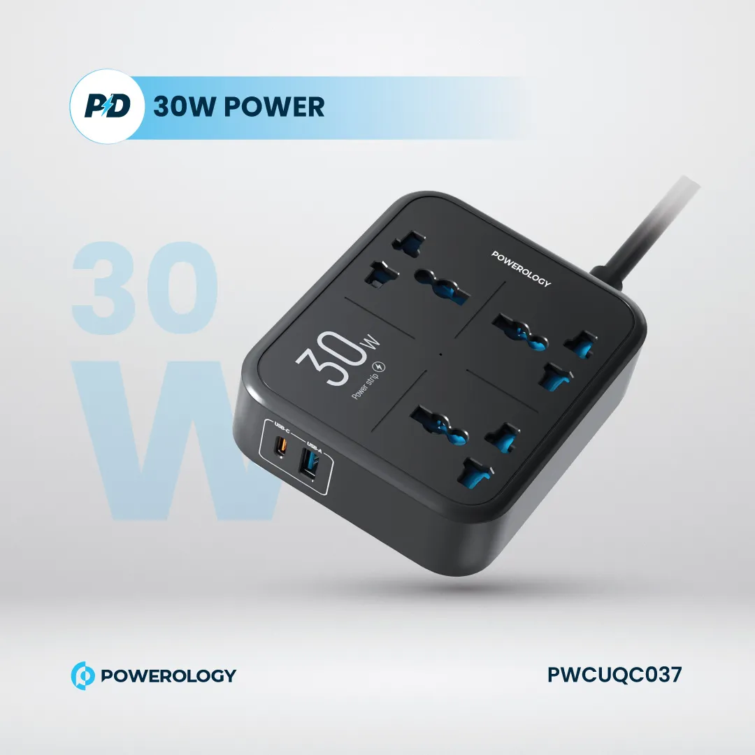 Powerology 30W Wall Socket UK Plug 3 AC*1 USBA*1 USB-C with 2m USB-C Cable - Black