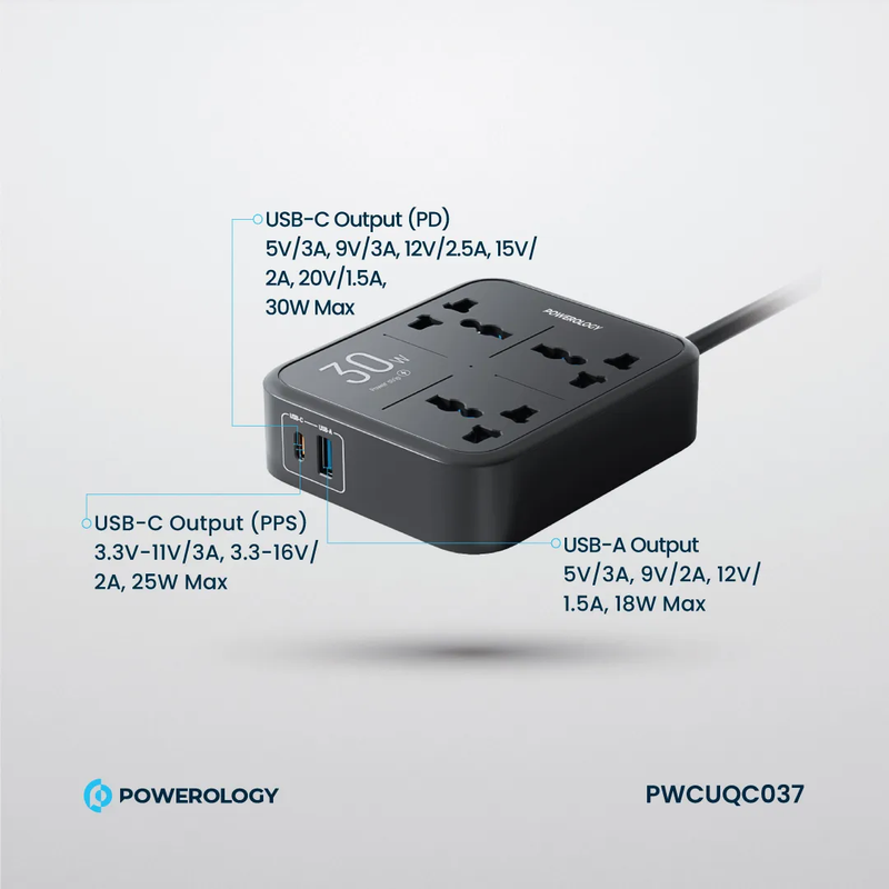 Powerology 30W Wall Socket UK Plug 3 AC*1 USBA*1 USB-C with 2m USB-C Cable - Black