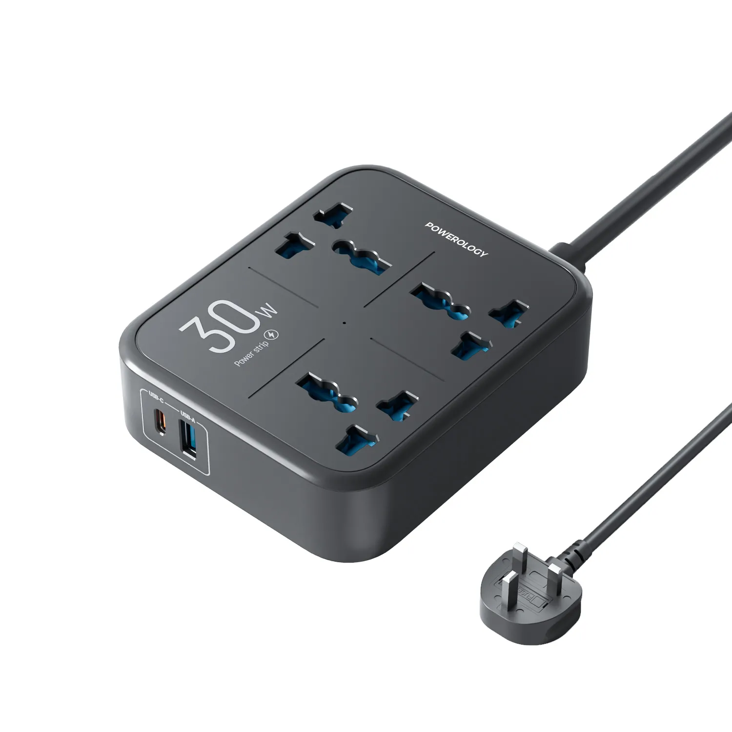Powerology 30W Wall Socket UK Plug 3 AC*1 USBA*1 USB-C with 2m USB-C Cable - Black