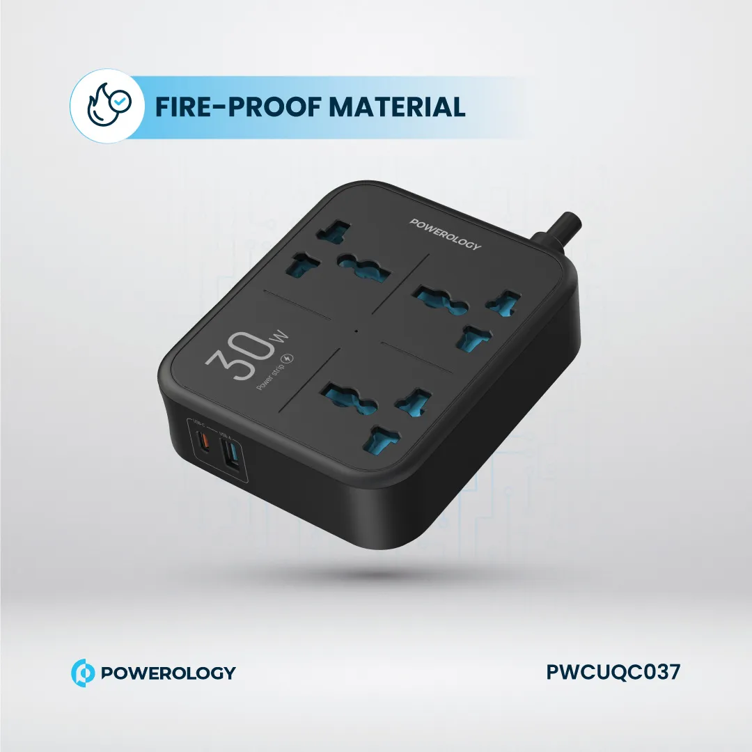 Powerology 30W Wall Socket UK Plug 3 AC*1 USBA*1 USB-C with 2m USB-C Cable - Black