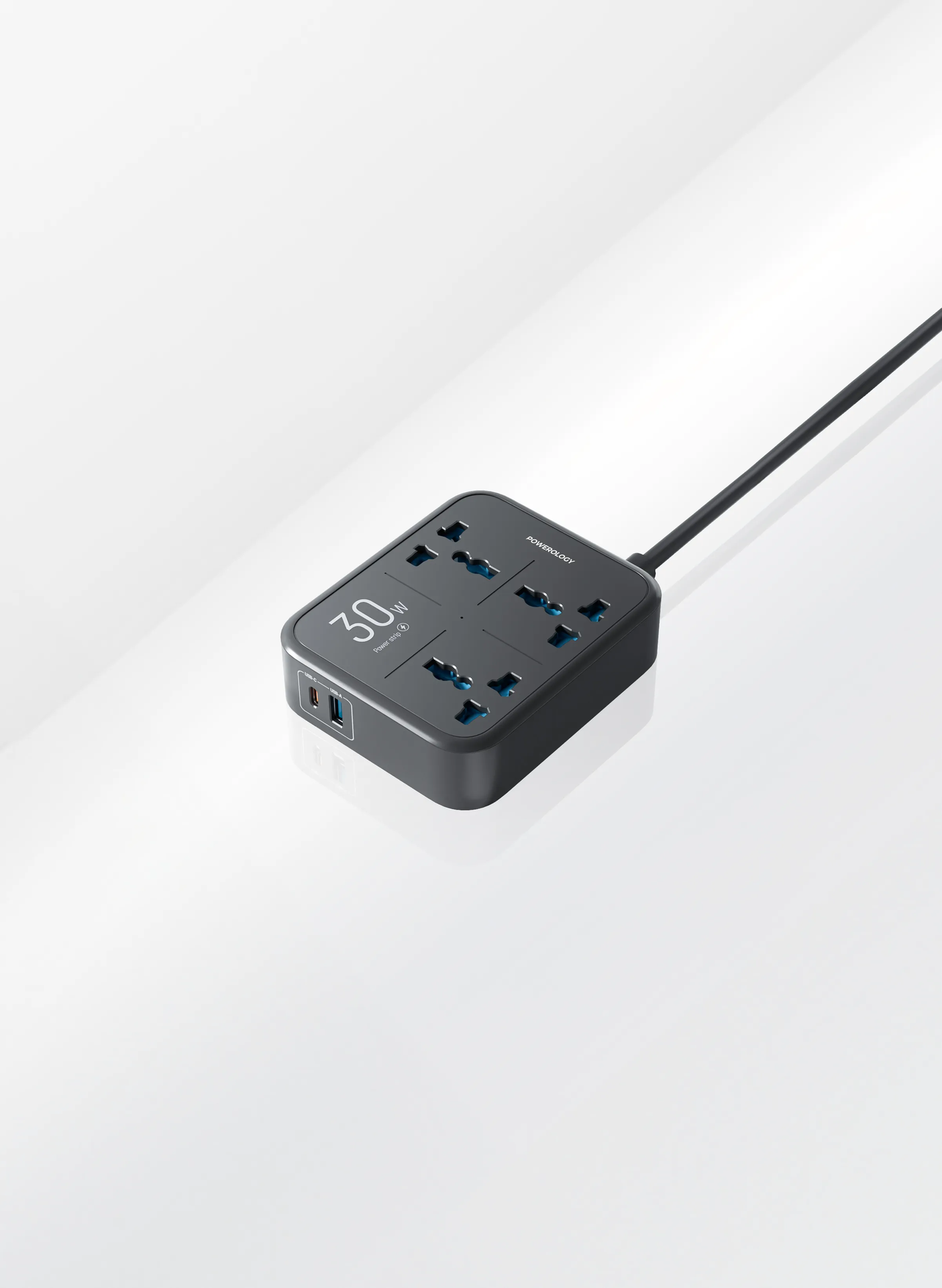 Powerology 30W Wall Socket UK Plug 3 AC*1 USBA*1 USB-C with 2m USB-C Cable - Black