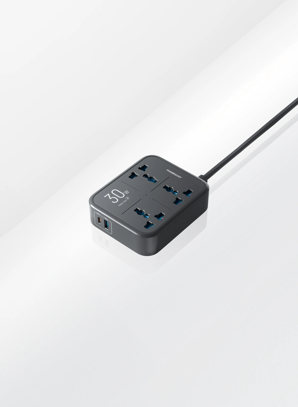 Powerology 30W Wall Socket UK Plug 3 AC*1 USBA*1 USB-C with 2m USB-C Cable - Black