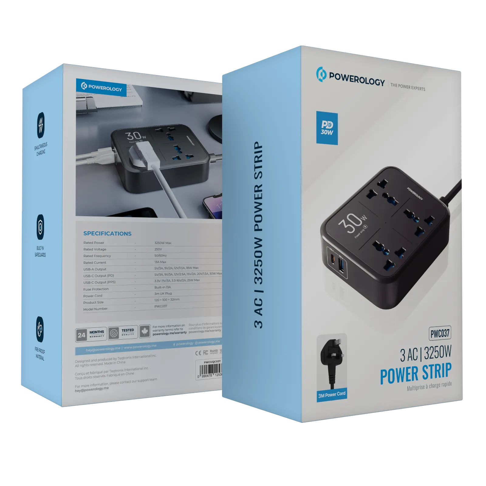 Powerology 30W Wall Socket UK Plug 3 AC*1 USBA*1 USB-C with 2m USB-C Cable - Black