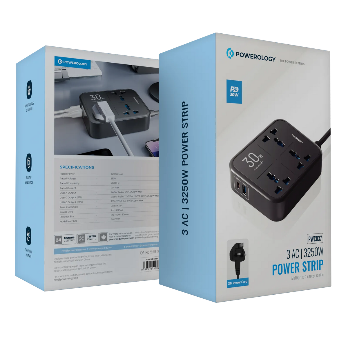 Powerology 30W Wall Socket UK Plug 3 AC*1 USBA*1 USB-C with 2m USB-C Cable - Black