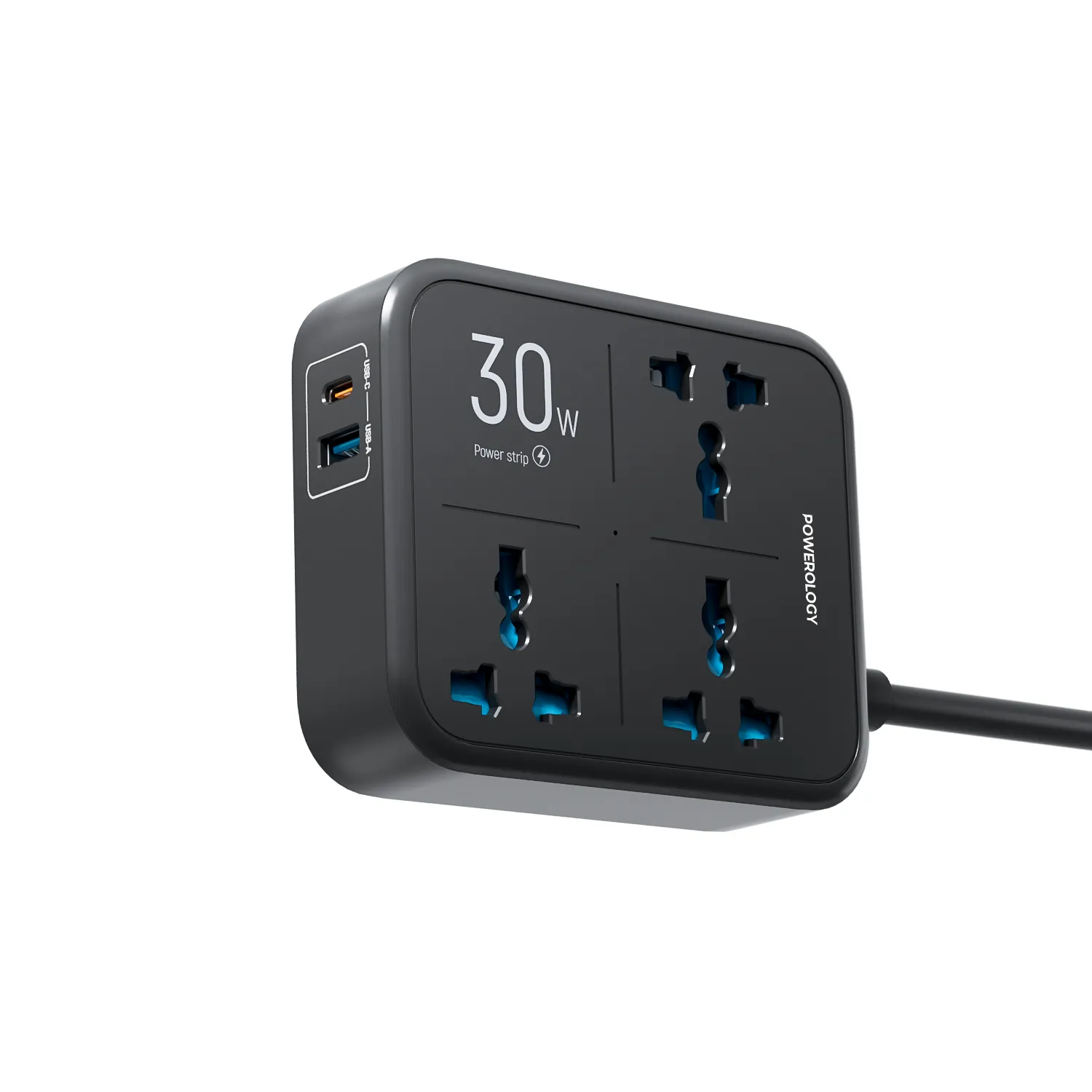Powerology 30W Wall Socket UK Plug 3 AC*1 USBA*1 USB-C with 2m USB-C Cable - Black