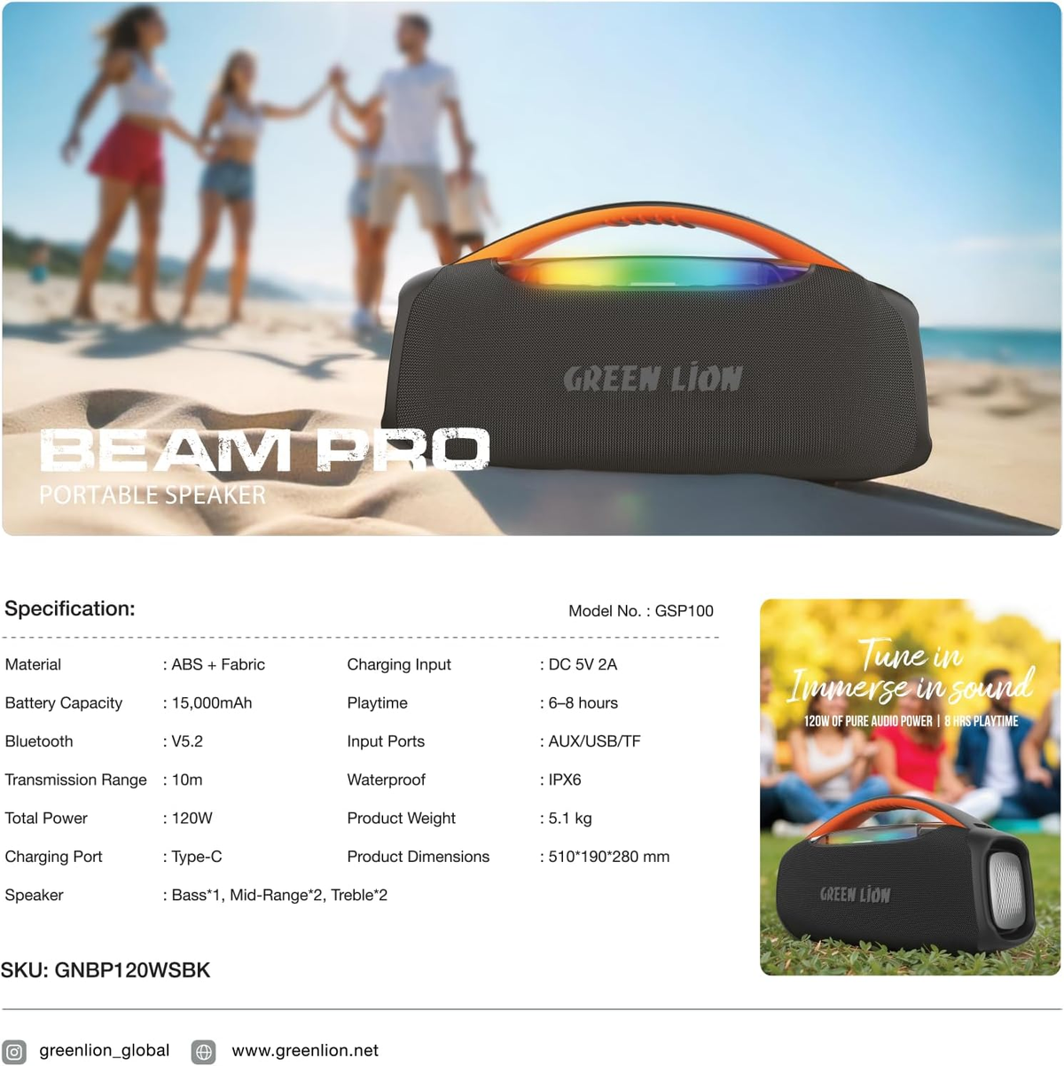Green Lion beam Pro Speaker with Microphone 120W