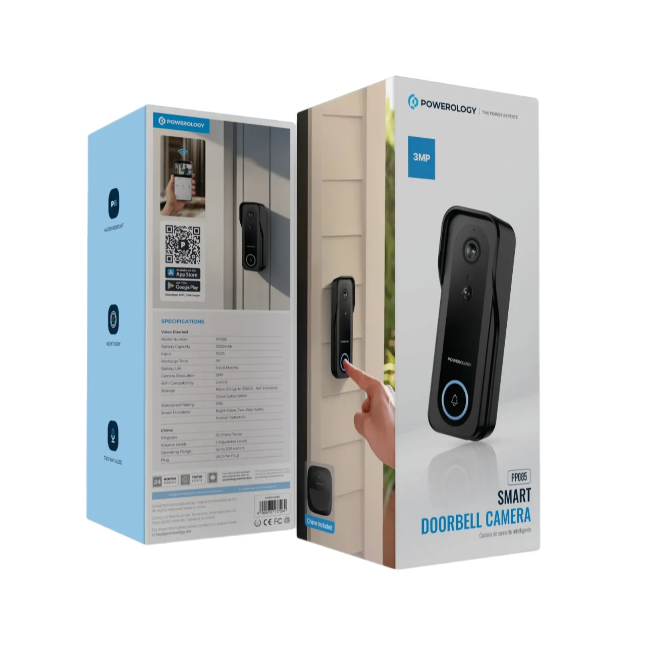Powerology IP65 265GB 3MP Infrared Smart Camera Doorbell 5200mAh with Voice - Black