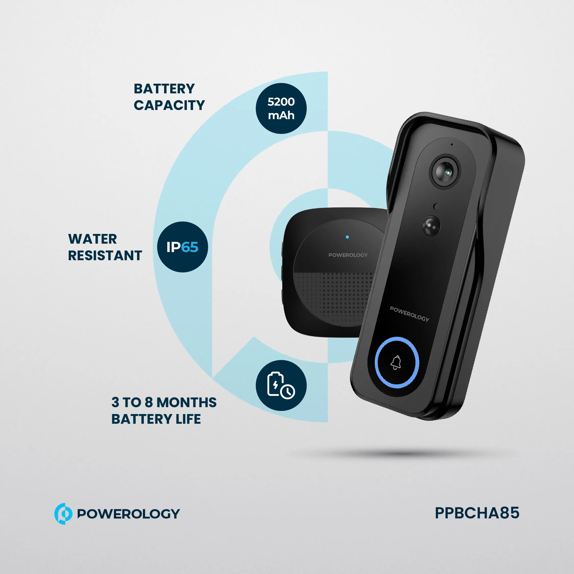 Powerology IP65 265GB 3MP Infrared Smart Camera Doorbell 5200mAh with Voice - Black