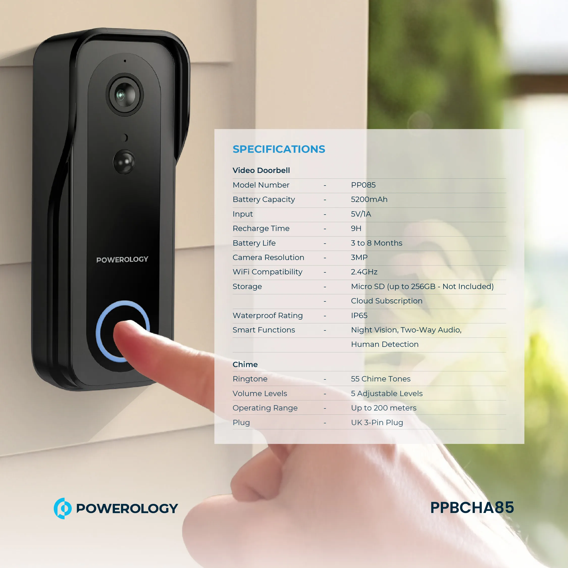 Powerology IP65 265GB 3MP Infrared Smart Camera Doorbell 5200mAh with Voice - Black