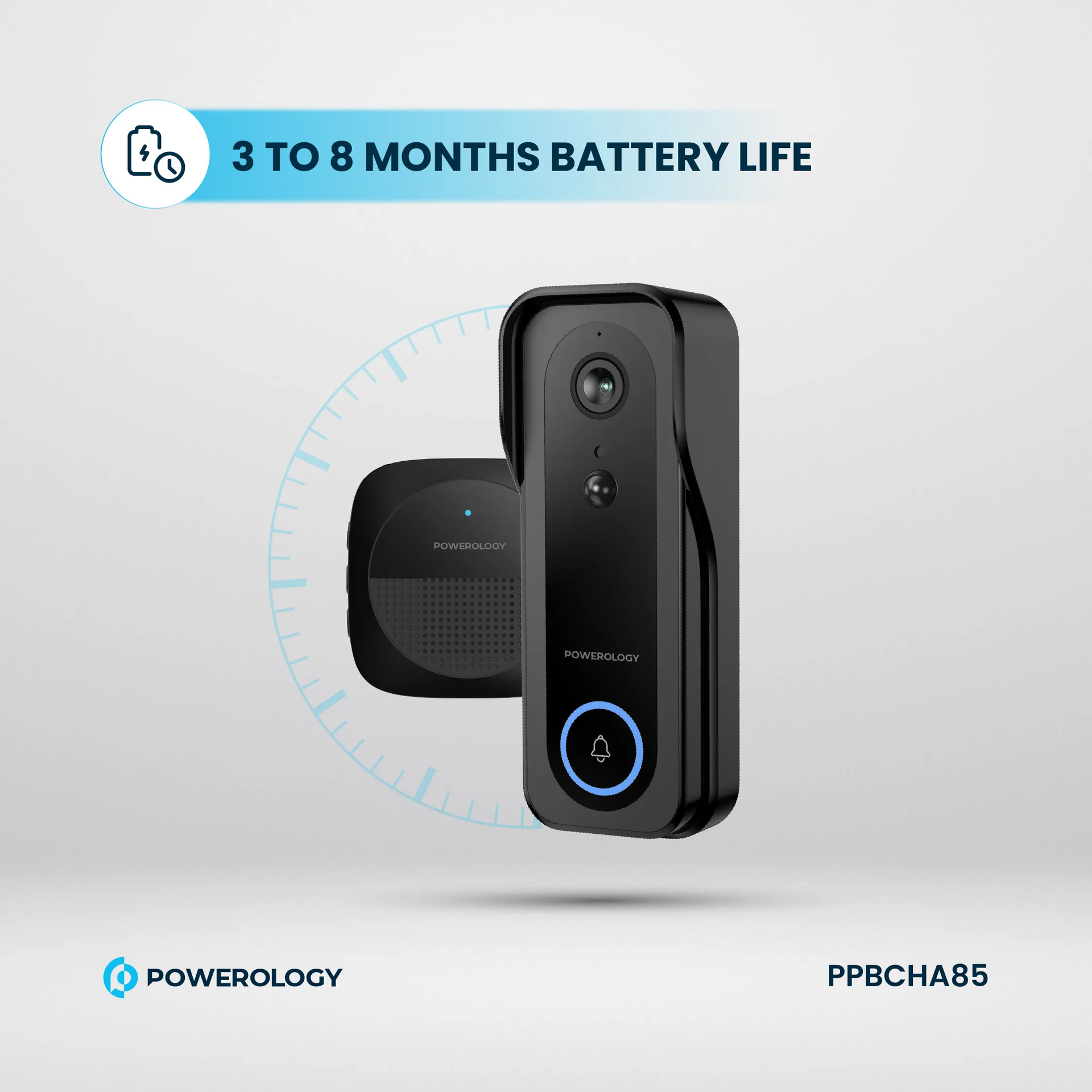 Powerology IP65 265GB 3MP Infrared Smart Camera Doorbell 5200mAh with Voice - Black