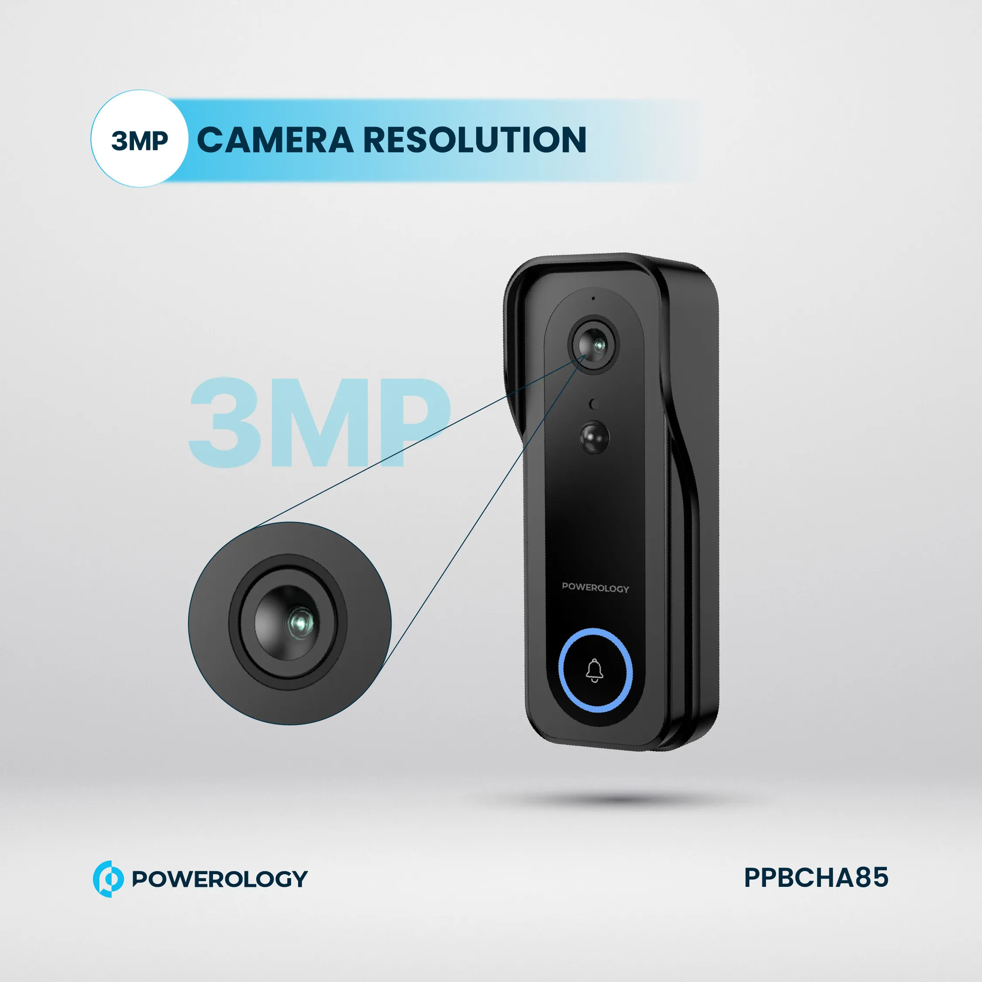 Powerology IP65 265GB 3MP Infrared Smart Camera Doorbell 5200mAh with Voice - Black