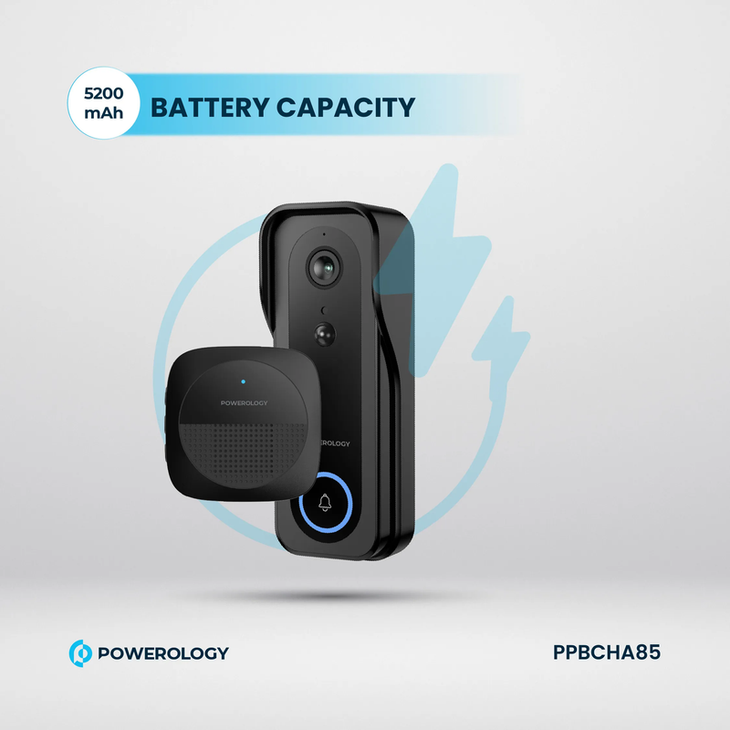 Powerology IP65 265GB 3MP Infrared Smart Camera Doorbell 5200mAh with Voice - Black