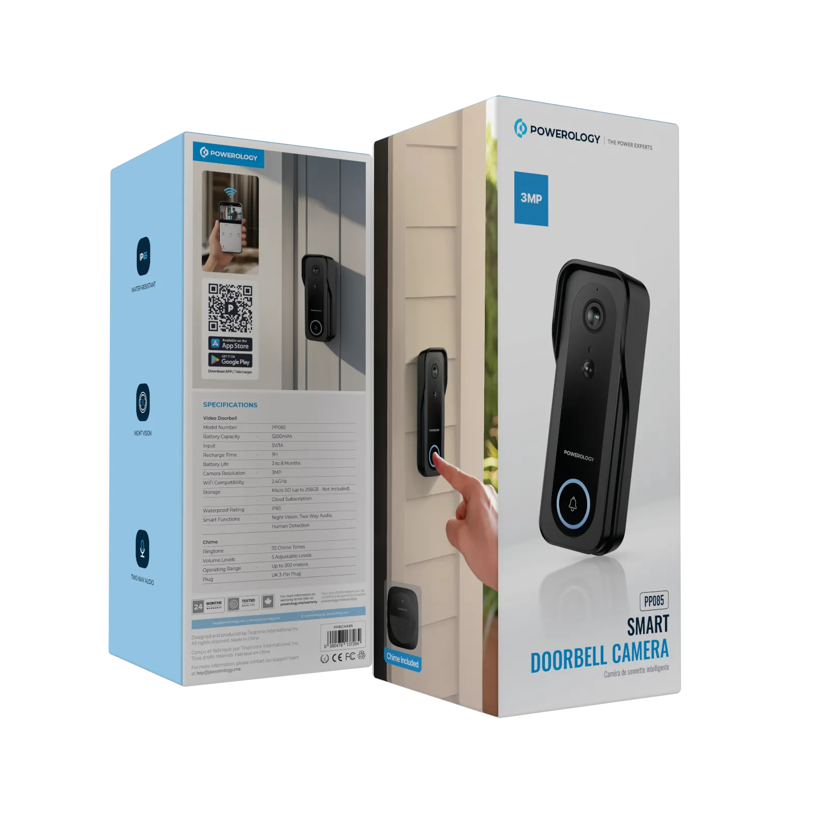 Powerology IP65 265GB 3MP Infrared Smart Camera Doorbell 5200mAh with Voice - Black