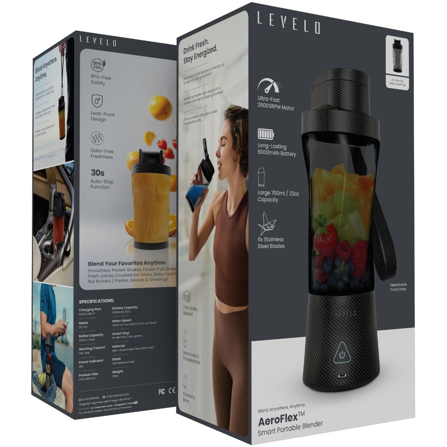Levelo AeroFlex 6 Blades Portable 6000mAh Carbon Fiber Blender - Smoky Transp arent