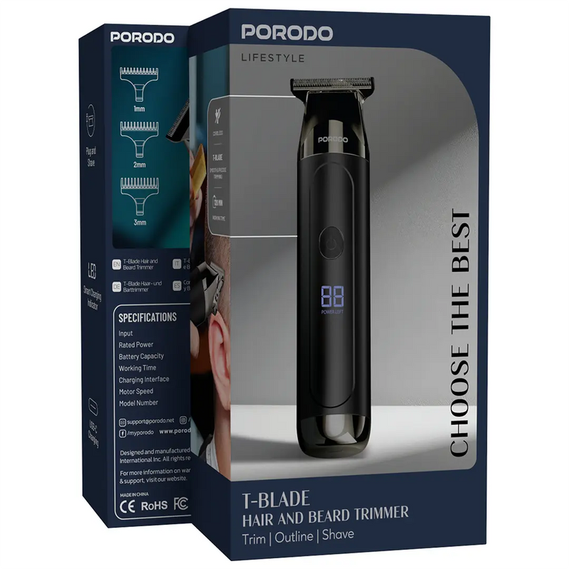 Porodo Trimmer PDLFST154BK - Cordless T-Blade, USB-C Rechargeable, Black