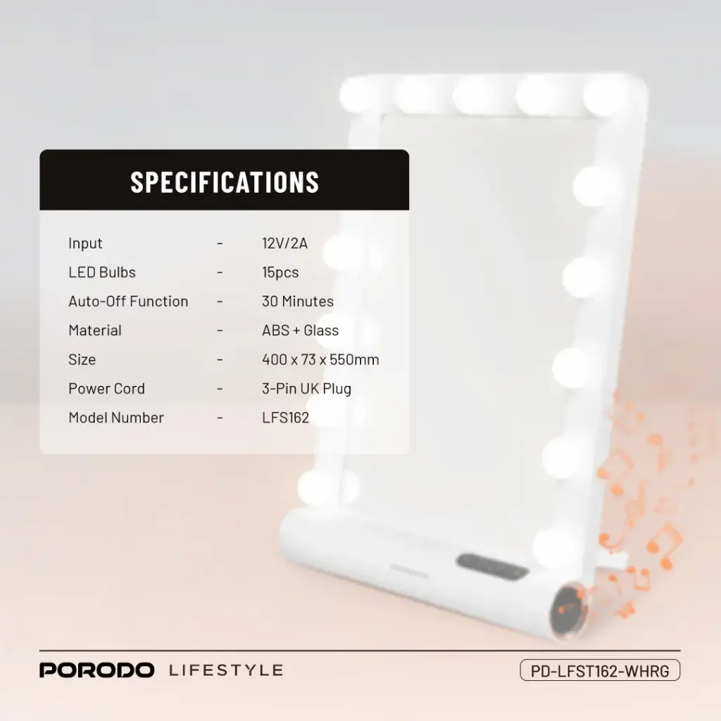 Porodo HollyWood Square Hollywood Vanity Mirror with Speaker 15 LED Bulb 12V