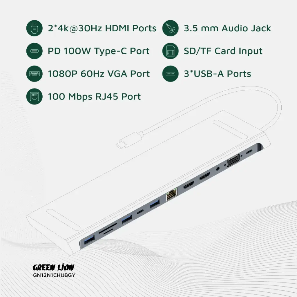 Green Lion 12 in 1 4K HDMI Ethernet USB-C HUB - Gray