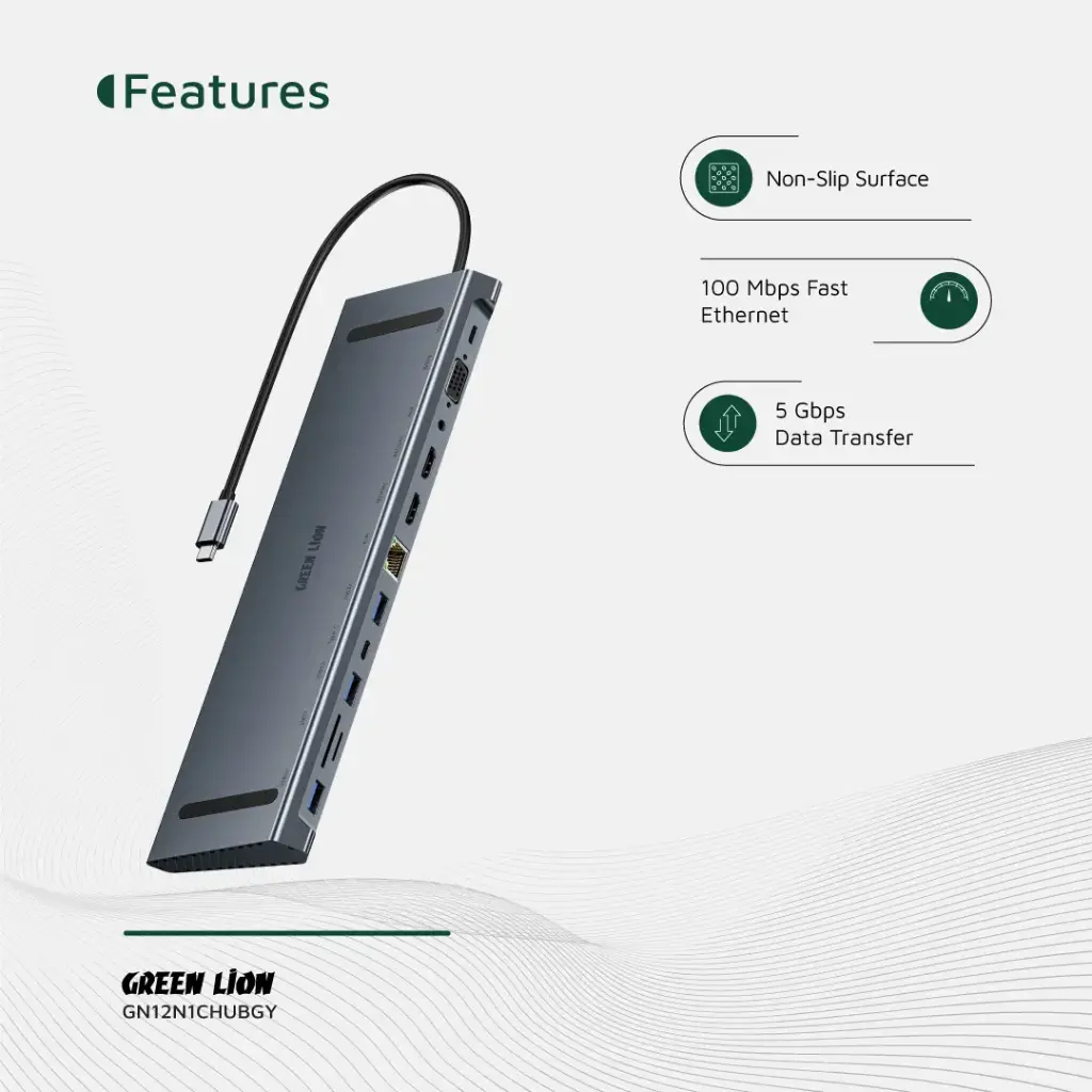 Green Lion 12 in 1 4K HDMI Ethernet USB-C HUB - Gray