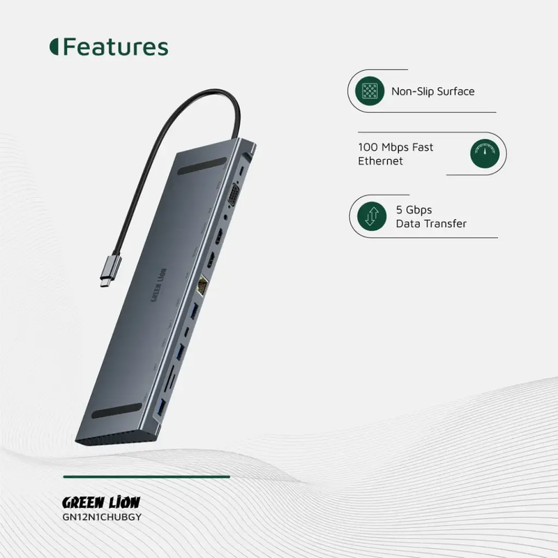 Green Lion 12 in 1 4K HDMI Ethernet USB-C HUB - Gray