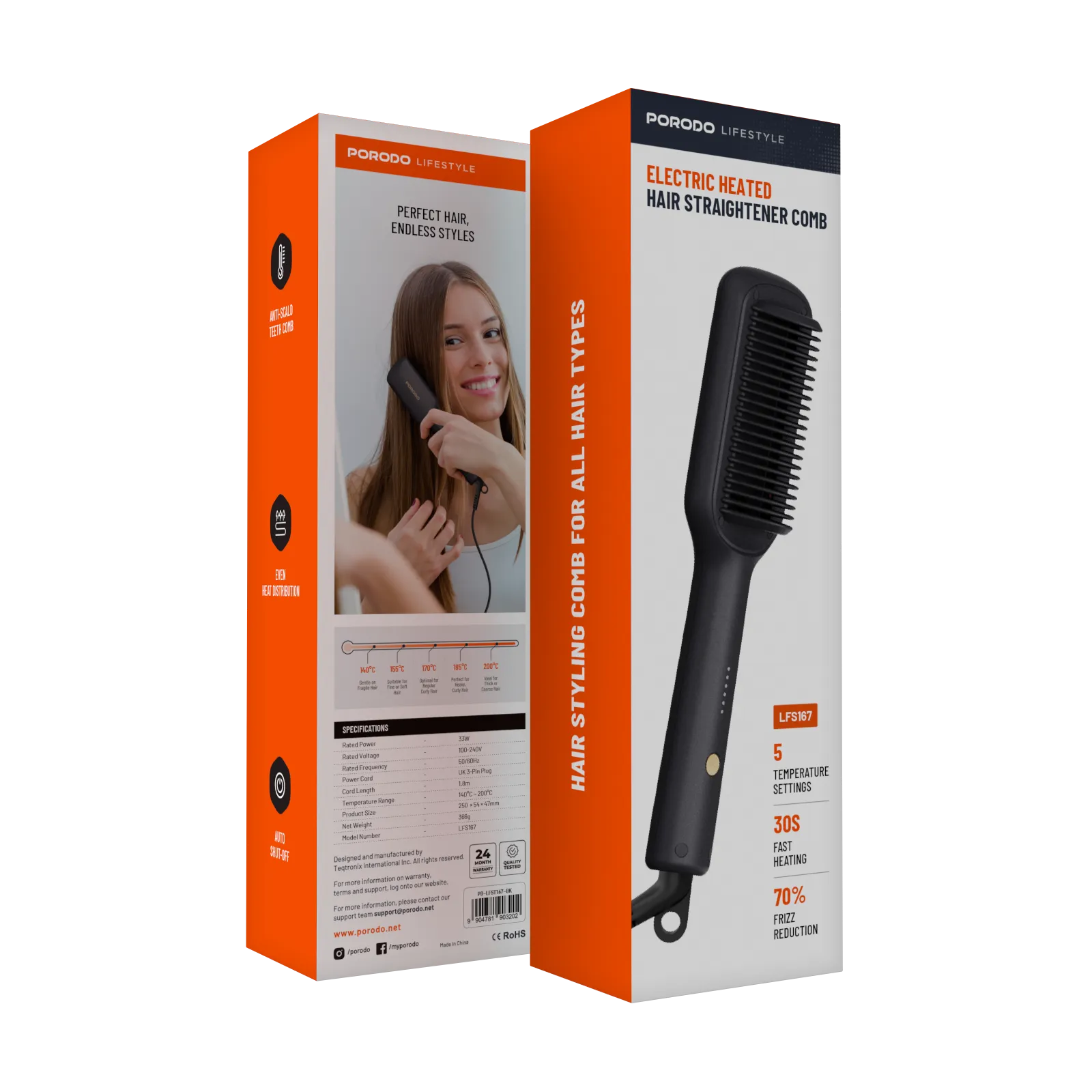 Porodo Lifestyle 33W Mini Hair Styling Brush - Black