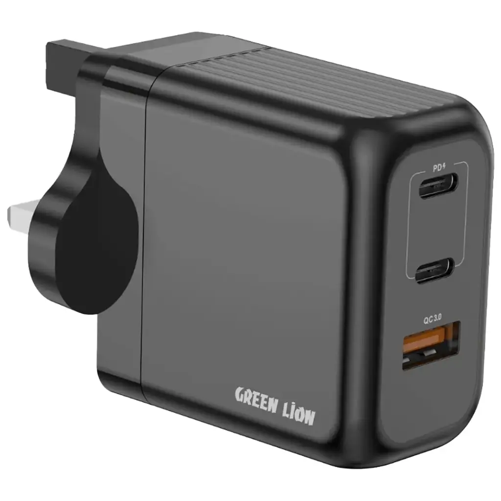 Green Lion Supra 65W UK GaN Wall Charger USB-A & 2 USB-C Ports - BlacK
