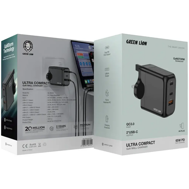 Green Lion Supra 65W UK GaN Wall Charger USB-A & 2 USB-C Ports - BlacK