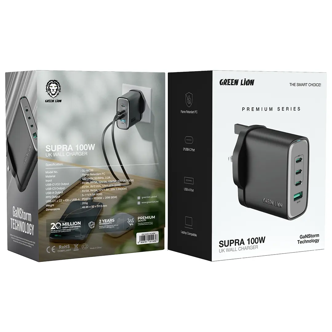 Green Lion Supra 100W UK GaN Wall Charger USB-A & 3 USB-C Ports - Black