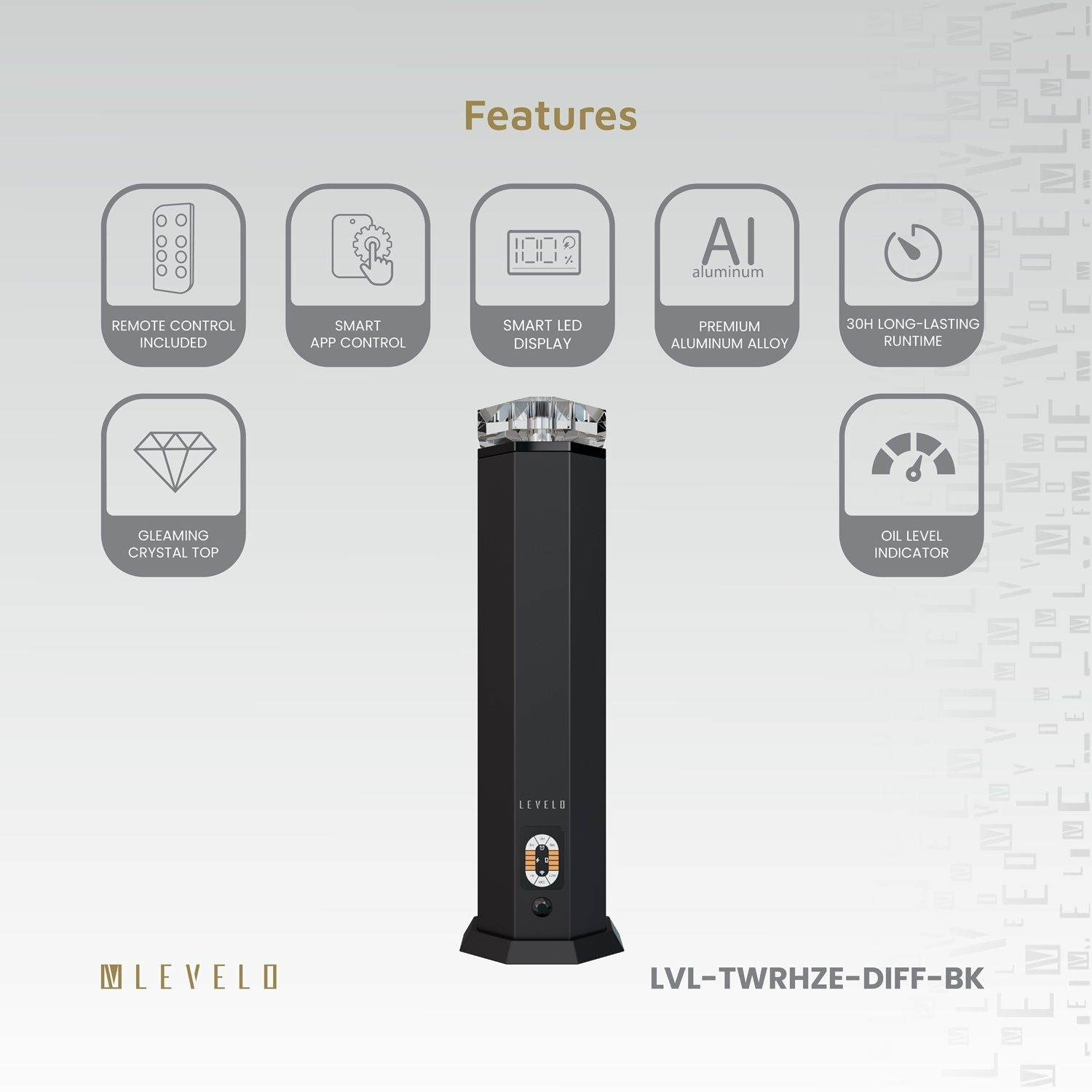 Levelo TowerHaze Crystal Waterless Portable 3600mAh Scent Diffuser - Metallic B lack