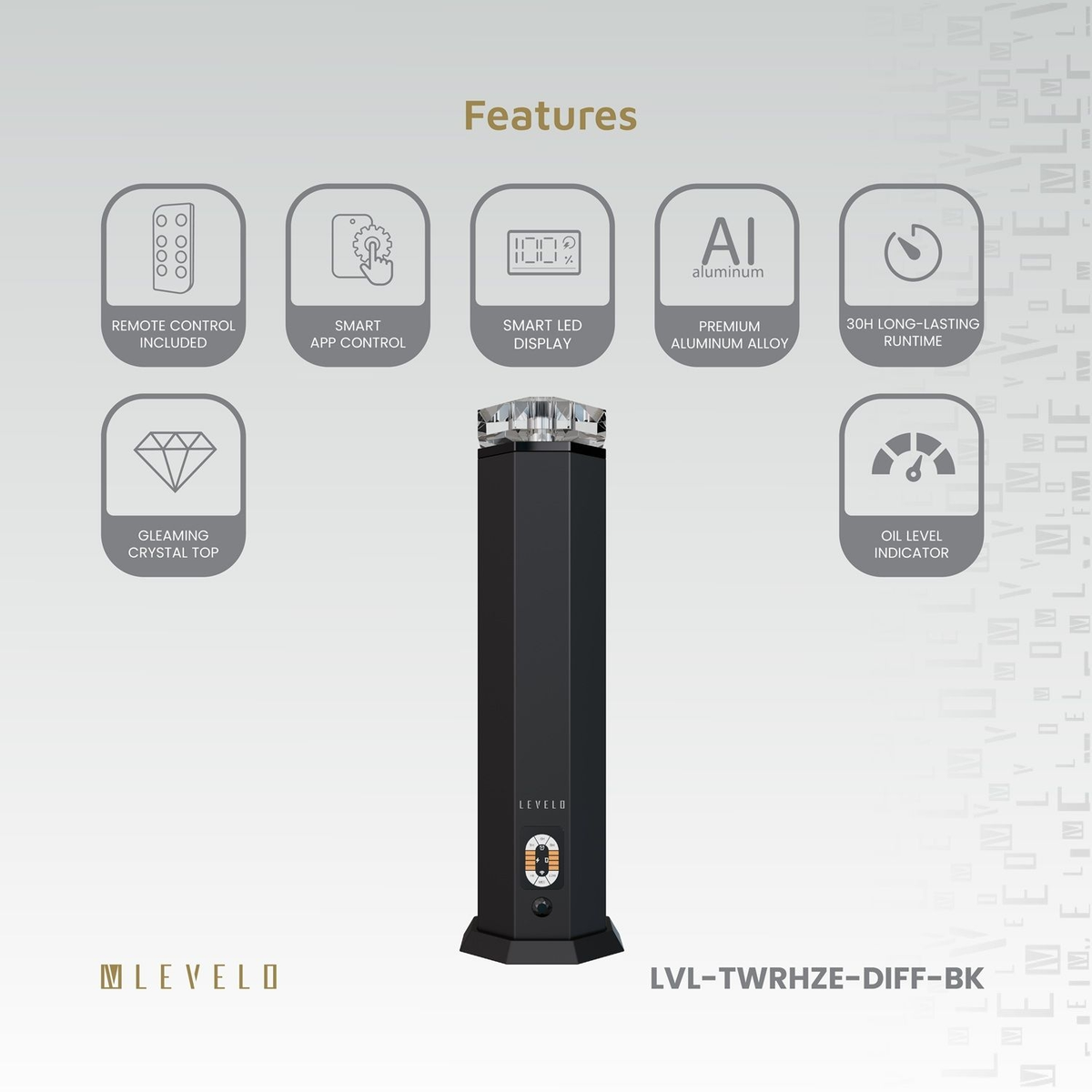 Levelo TowerHaze Crystal Waterless Portable 3600mAh Scent Diffuser - Metallic B lack