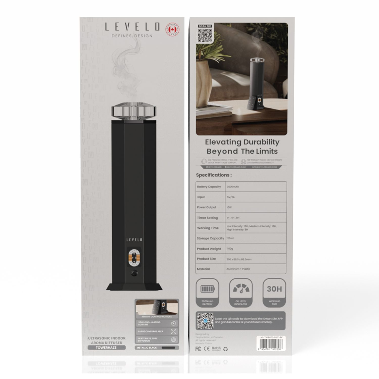 Levelo TowerHaze Crystal Waterless Portable 3600mAh Scent Diffuser - Metallic B lack