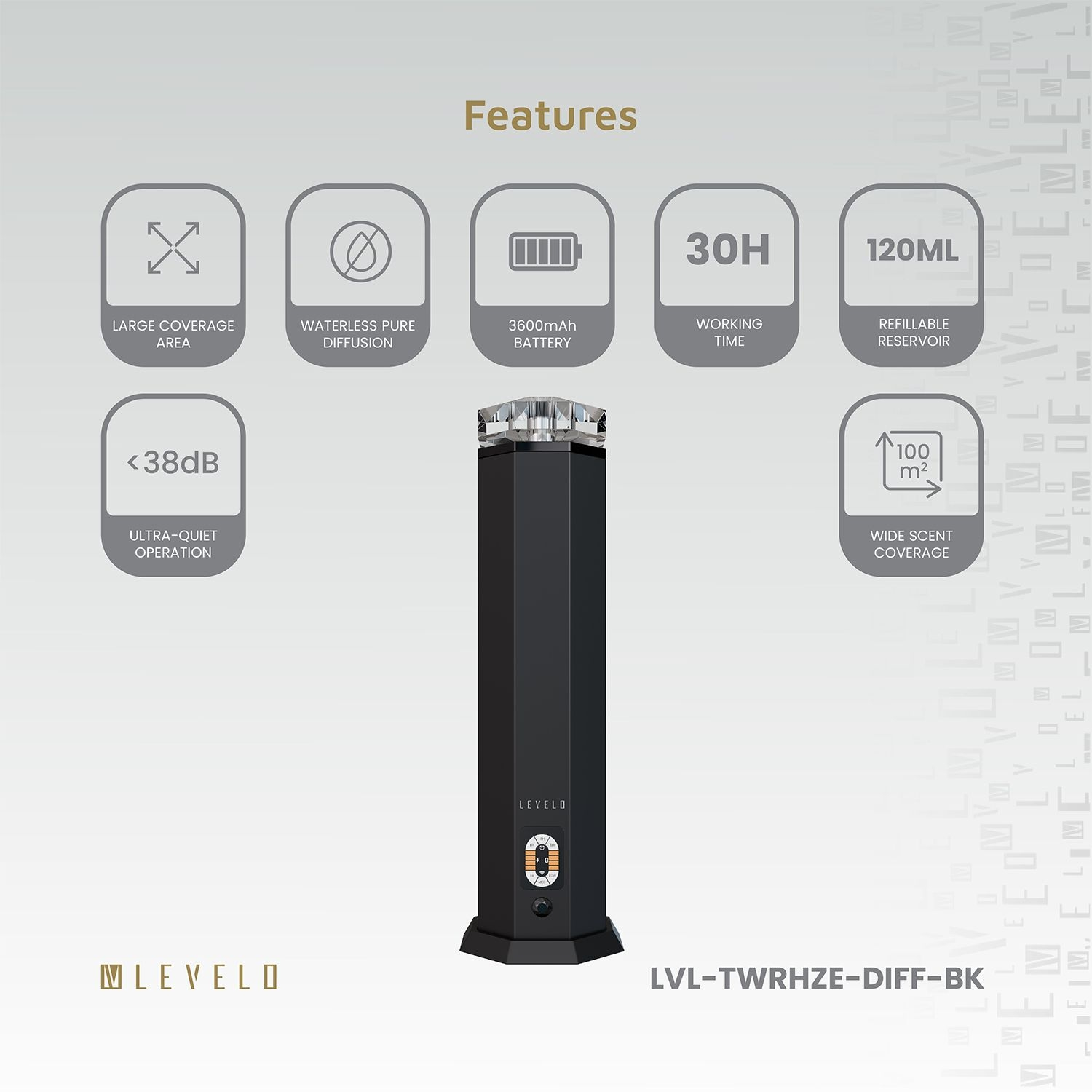 Levelo TowerHaze Crystal Waterless Portable 3600mAh Scent Diffuser - Metallic B lack