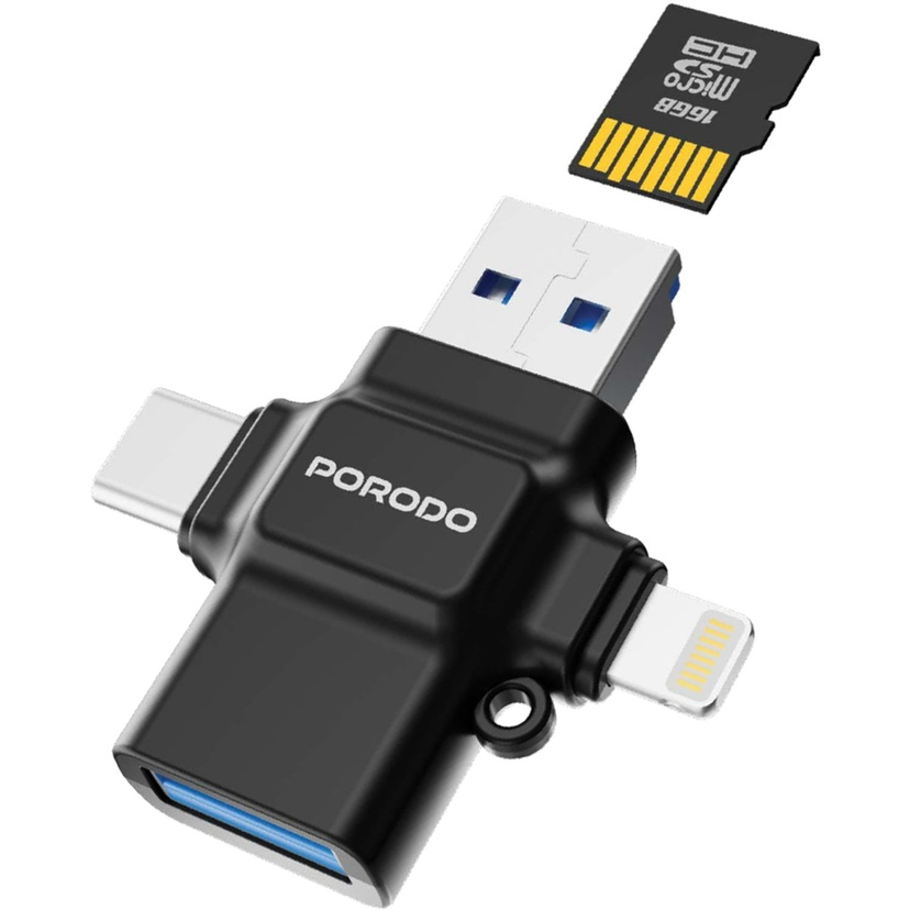 Porodo 4-in-1 Memory Card Reader - Black